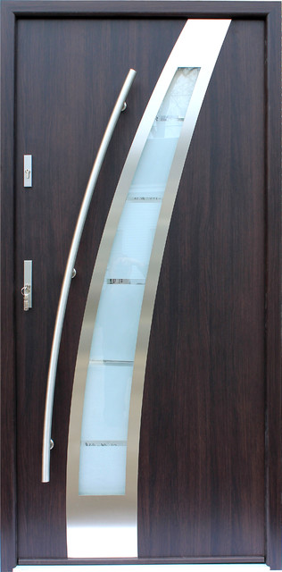 Stainless Steel Modern Entry Door, Wenge Finish, Left Hand Inswing