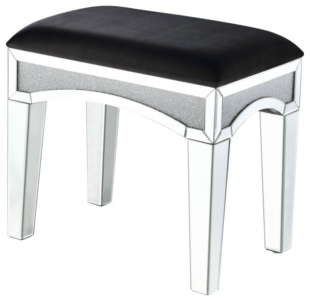 Vanity Stool, Black Fabric, Mirrored and Faux Diamonds Contemporary