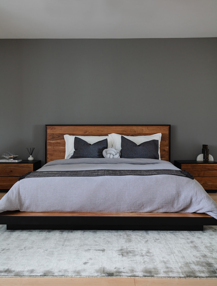 Imagen de dormitorio principal minimalista de tamaño medio con paredes grises y suelo de madera clara