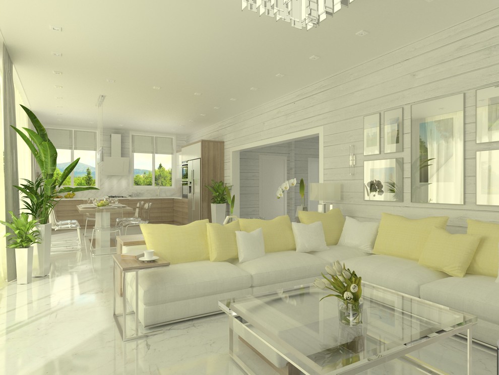 Интерьер кухни-гостиной в загородном доме из клееного бруса, г. Ижевск