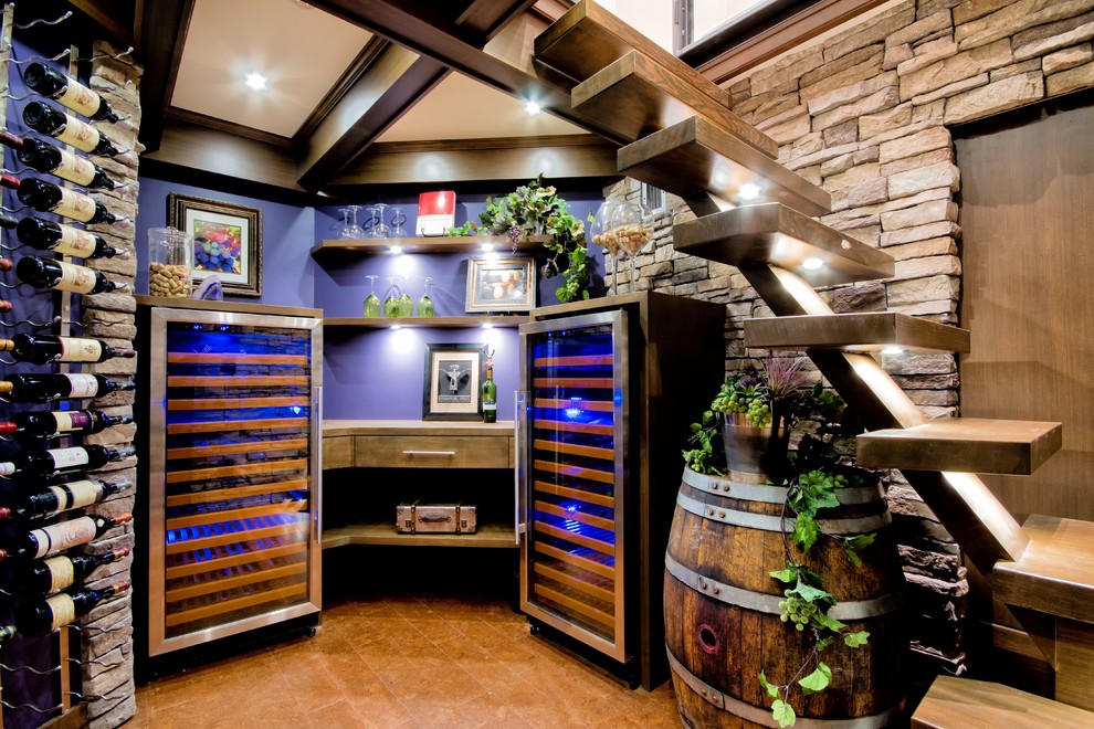 Mid-sized transitional wine cellar in Vancouver with cork floors and display racks.