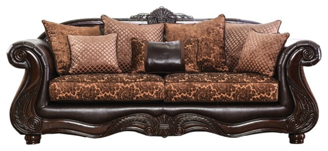 Furniture of America Eduard Traditional Faux Leather Cushioned Sofa in Brown