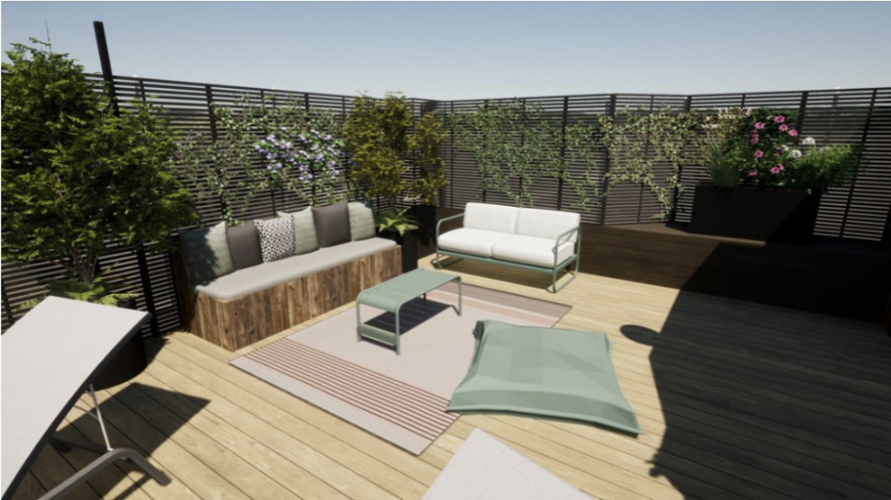 Idee per una piccola terrazza contemporanea sul tetto e sul tetto con nessuna copertura e parapetto in legno