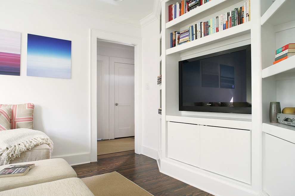 Inspiration for a small contemporary enclosed home theatre in Newark with white walls, dark hardwood floors, a built-in media wall and brown floor.