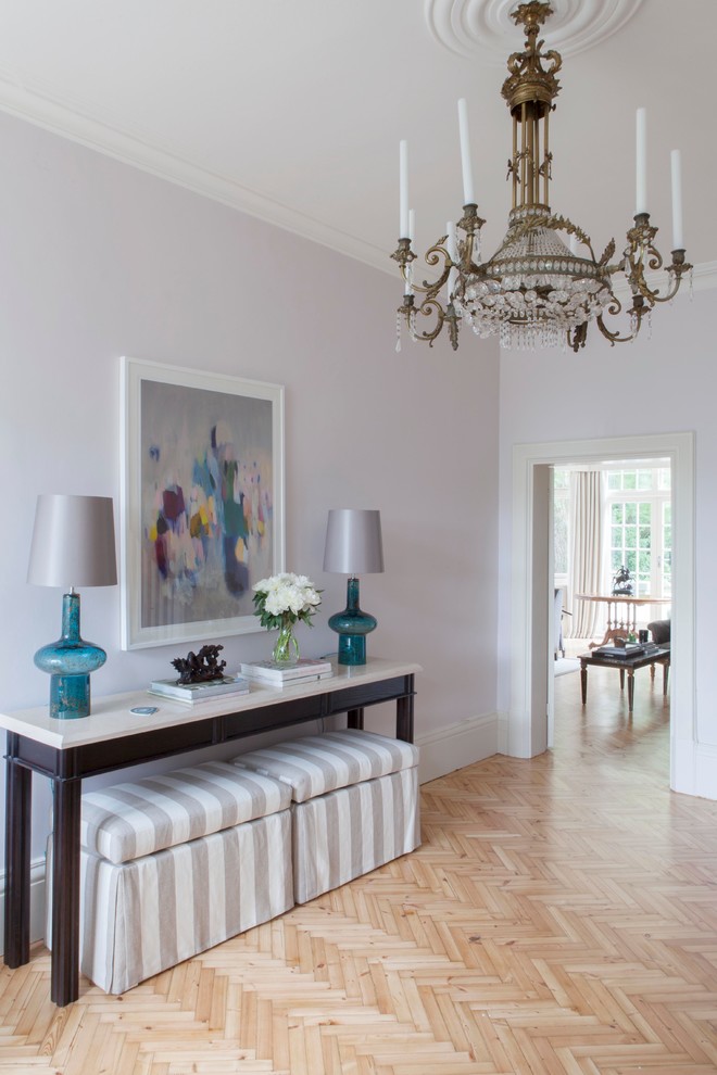 This is an example of a transitional entryway in London with grey walls and light hardwood floors.