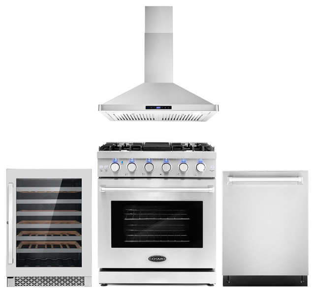4Piece, 30" Gas Range, Range Hood, Dishwasher and 48 Bottle Wine
