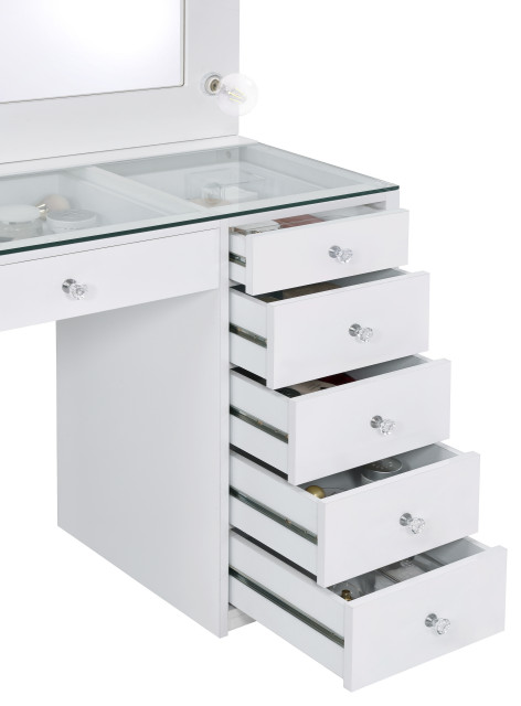 Percy 7-drawer Glass Top Vanity Desk With Lighting White - Contemporary ...