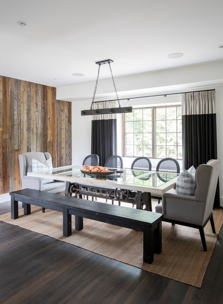 Inspiration for a country separate dining room in Other with white walls, dark hardwood floors and brown floor.