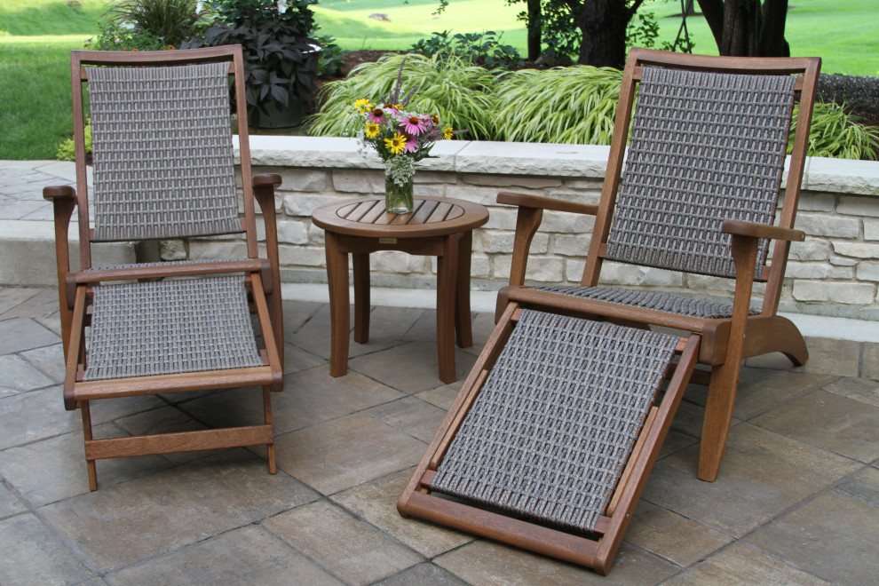 3Piece Eucalyptus and Wicker Lounger Set With Ottoman and Round Accent