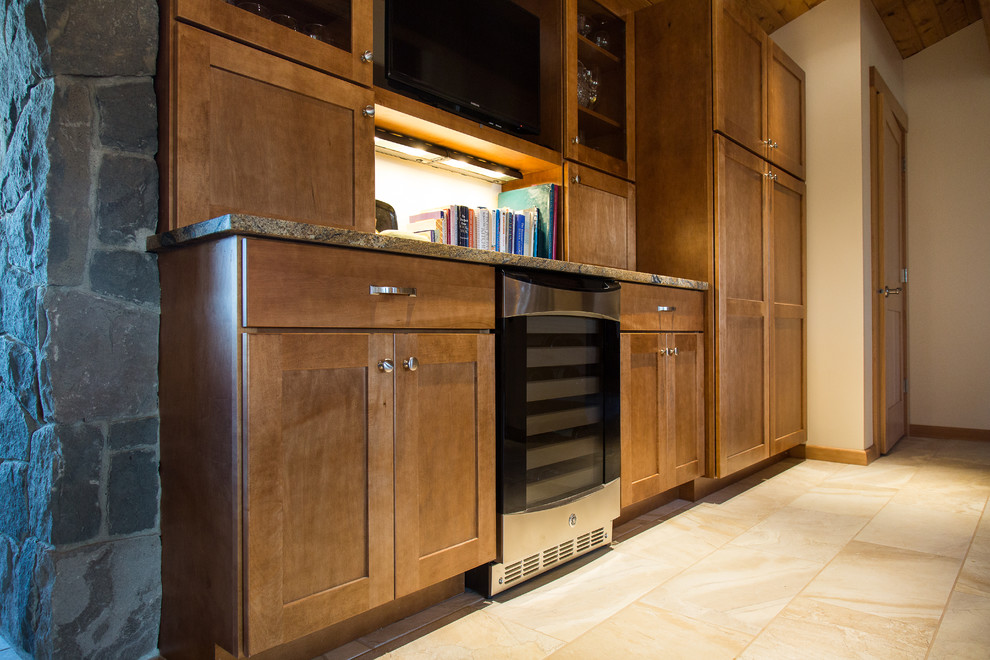 Open concept kitchen - large transitional l-shaped travertine floor open concept kitchen idea in Portland with an undermount sink, recessed-panel cabinets, medium tone wood cabinets, granite countertops, multicolored backsplash, stainless steel appliances and an island