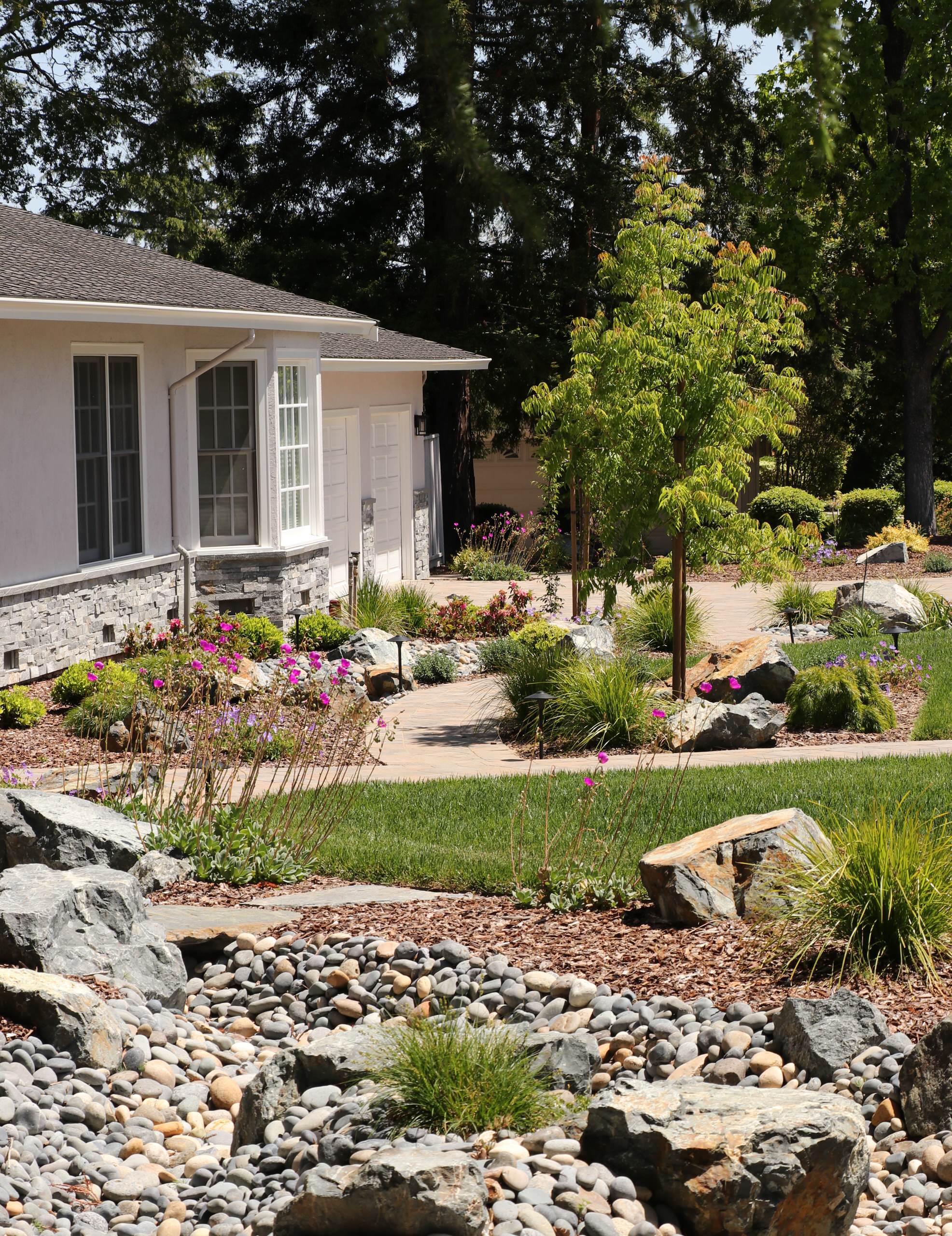 FRONT YARD WITH TREES AND DRY-CREEK