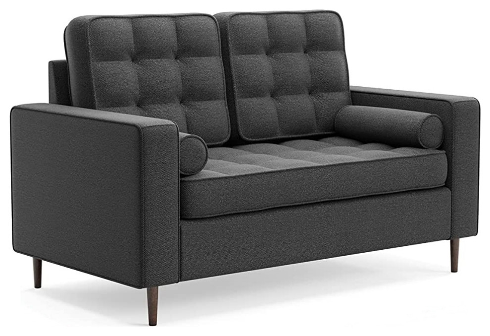 Elegant Mid-Century Modern Sofa with Tufting, Bolster Pillows, Charcoal ...