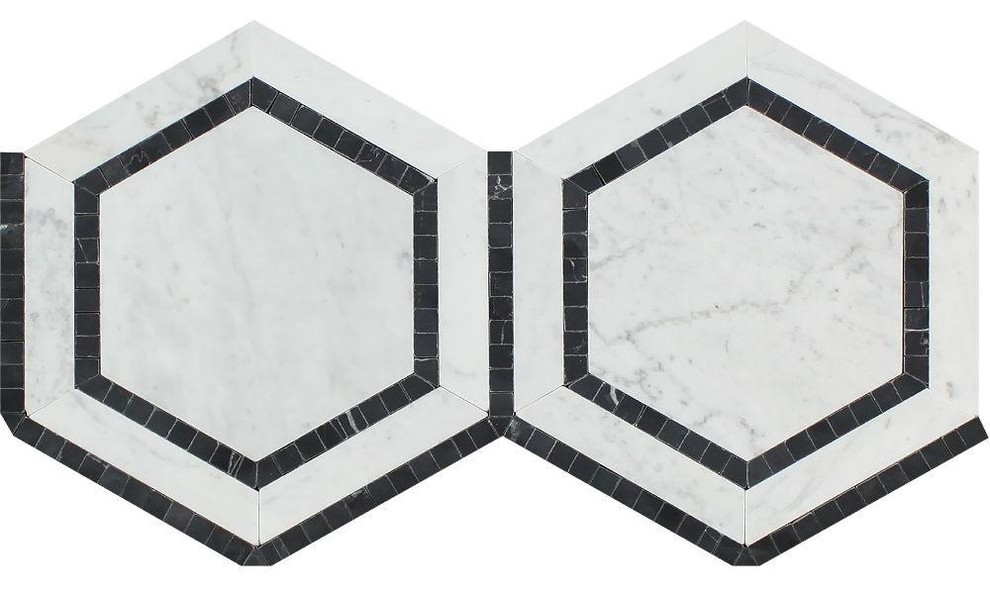 12"x12" Polished Carrara Marble Hexagon Mosaic Tile With Black, Set of 250