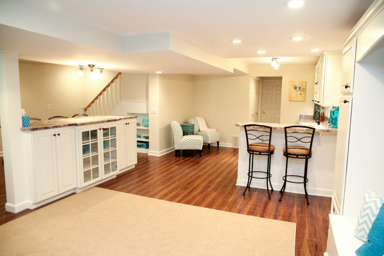 Inspiration for a large transitional look-out basement in Grand Rapids with medium hardwood floors and no fireplace.