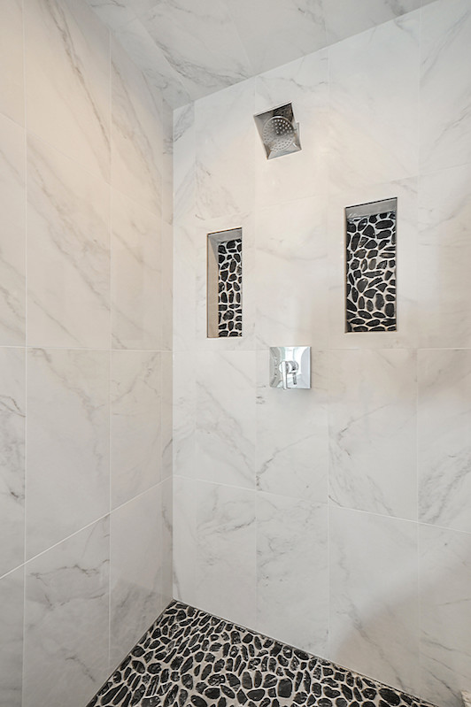 Design ideas for a large transitional master bathroom in Chicago with recessed-panel cabinets, dark wood cabinets, an alcove tub, a corner shower, a two-piece toilet, beige tile, stone tile, grey walls, marble floors, an undermount sink and granite benchtops.