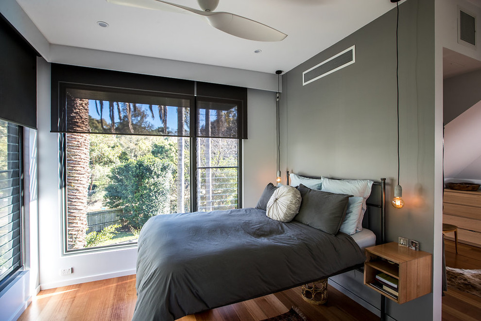 Design ideas for a mid-sized modern master bedroom in Sydney with grey walls and medium hardwood floors.