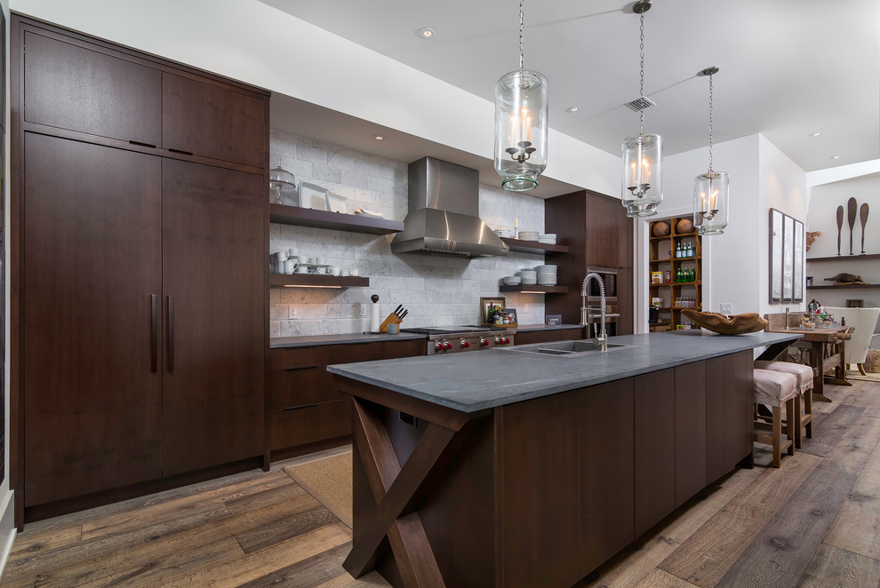Photo of a mid-sized beach style kitchen in Atlanta with dark hardwood floors.