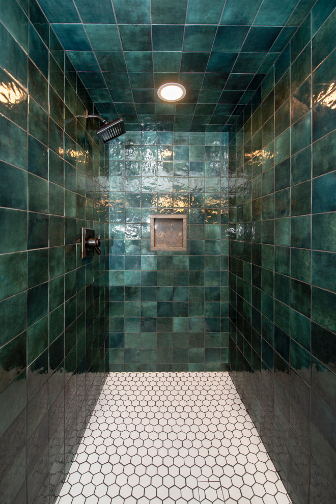Design ideas for a mid-sized mediterranean bathroom in Louisville with green tile, ceramic tile, green walls, white floor, an open shower and a niche.