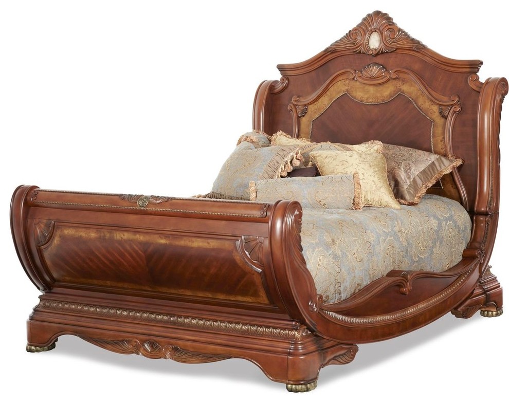 AICO Cortina Cal King Sleigh Bed, Honey Walnut Victorian Sleigh