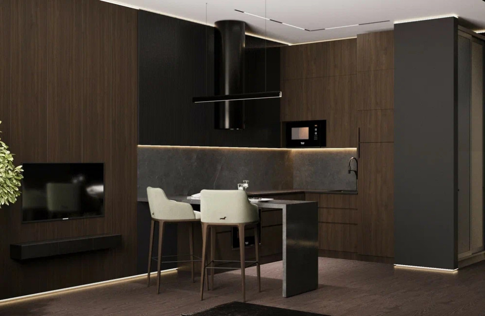 Квартира 54 м² для молодого человека в темных тонах с яркими акцентами