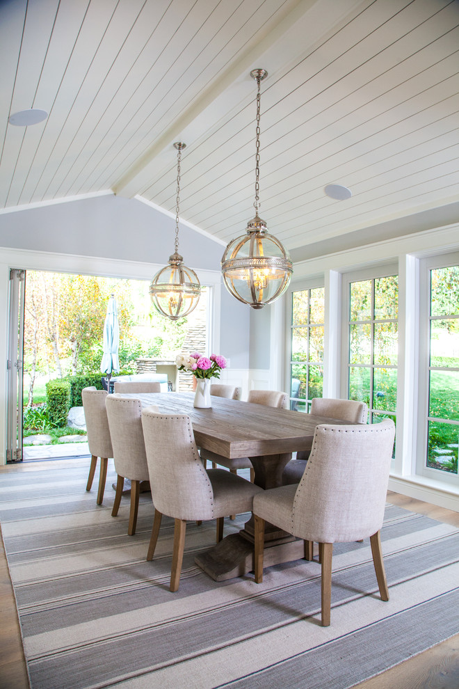 Inspiration for a mid-sized country separate dining room in San Diego with grey walls and light hardwood floors.