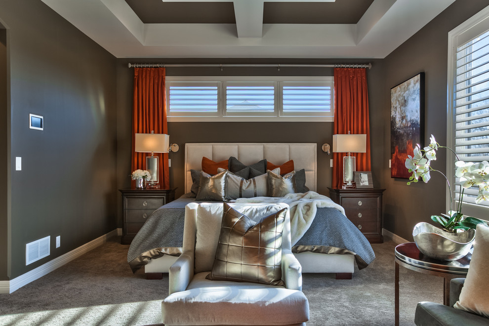 Design ideas for a large transitional master bedroom in Omaha with brown walls, carpet, no fireplace and grey floor.