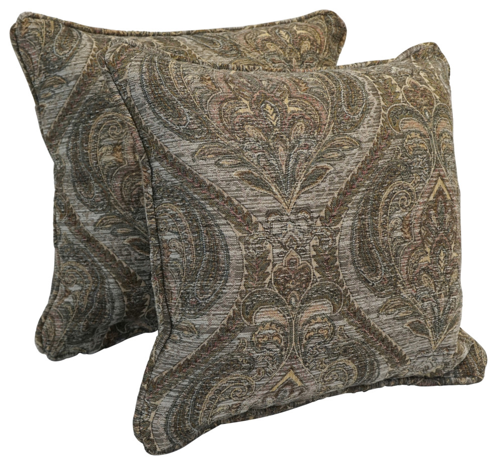 18" DoubleCorded Jacquard Chenille Square Throw Pillows, Set of 2, Gray Damask Mediterranean
