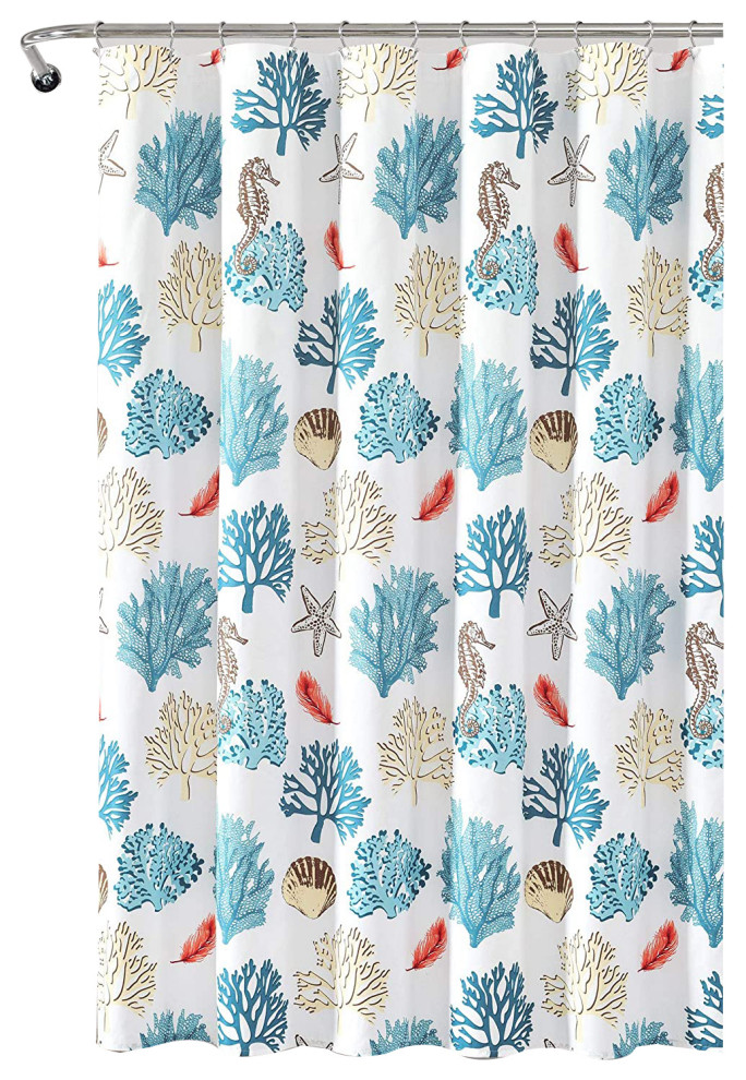 Coastal Reef Feather Shower Curtain Blue/Coral Single 72X72 Beach