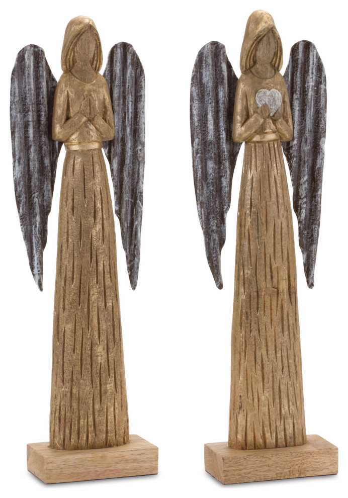 Carved Wood Angel Statue, Set of 2 Rustic Holiday Accents And