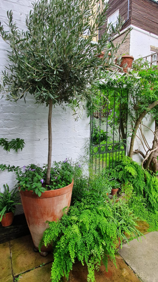 Пример оригинального дизайна: маленький участок и сад на заднем дворе в стиле шебби-шик с клумбами, полуденной тенью и с деревянным забором для на участке и в саду