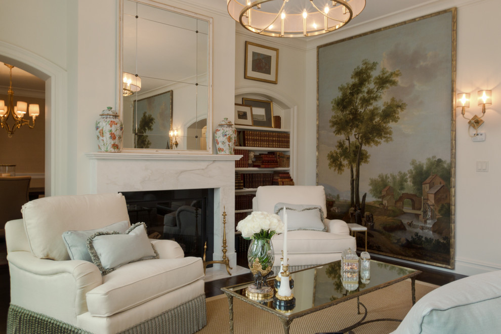 Mid-sized elegant formal and open concept dark wood floor and brown floor living room photo in New York with white walls, a standard fireplace, a stone fireplace and no tv
