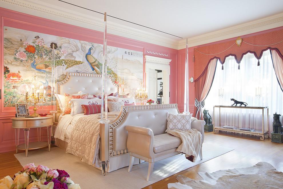 Traditional bedroom in Los Angeles with pink walls.