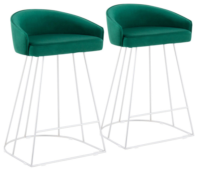 Canary Upholstered Counter Stool, Set of 2, Silver Steel/Green Velvet Contemporary Bar