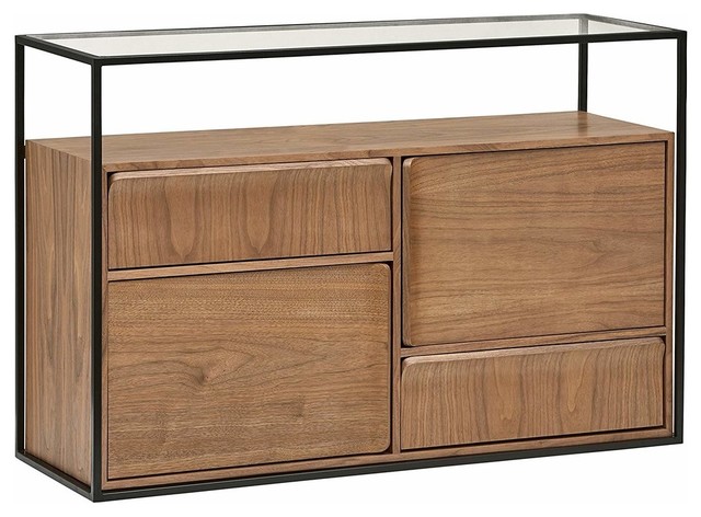 Console Table With Glass Top Black Metal Frame And Wooden