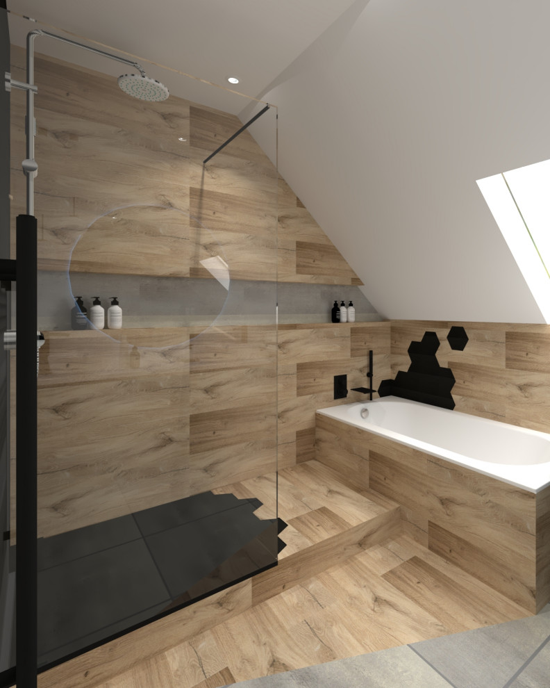 Design ideas for a mid-sized modern kids bathroom in Lille with an undermount tub, a curbless shower, black tile, wood-look tile, wood-look tile, a vessel sink, wood benchtops, an open shower, a niche, a double vanity and a freestanding vanity.