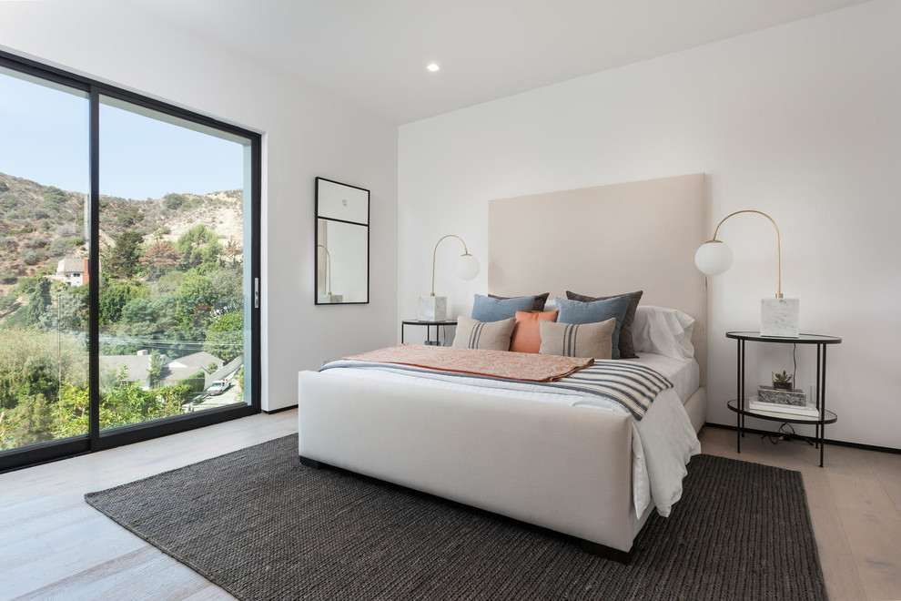 Imagen de habitación de invitados minimalista de tamaño medio sin chimenea con paredes blancas y suelo de madera clara