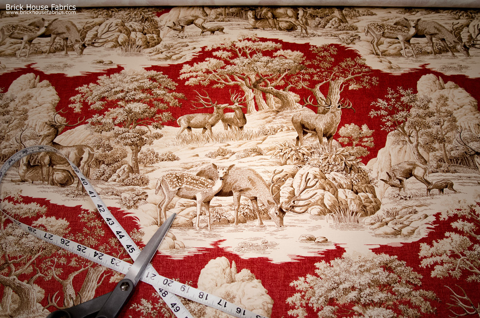 Deer fabric red toile woods nature woodland lodge