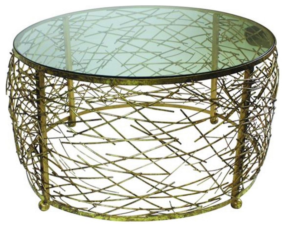 Round Abstract Gold Iron Twig Coffee Table Open Modern Drum Cage