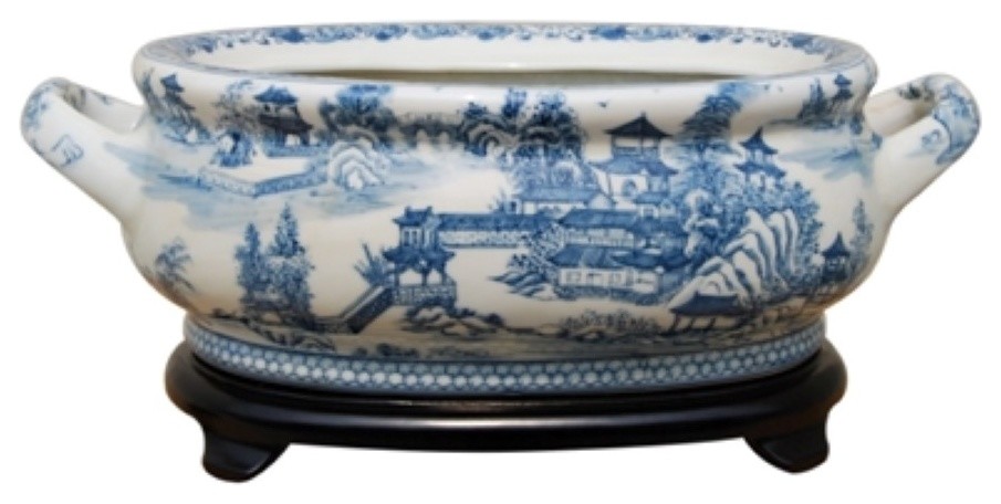 Blue & White Porcelain Foot Bath Basin Chinese Floral Bird Motif w Stand 