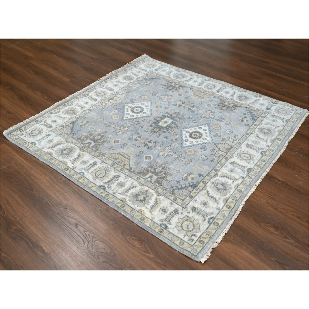 Medium Gray, Karajeh Design Pure Wool, Hand Knotted, Square Rug, 6'2"x6