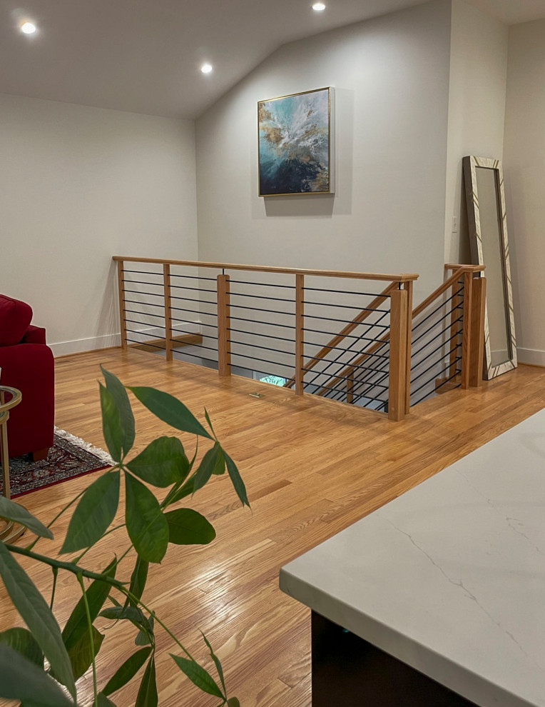 Design ideas for a small wood l-shaped mixed railing staircase in DC Metro.