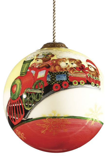 Teddy on Toy Train Hand Painted Mouth Blown Glass Ornament - Christmas ...