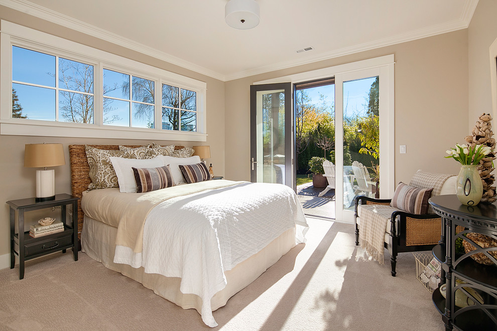Inspiration for a mid-sized traditional master bedroom in Seattle with beige walls, carpet, no fireplace and beige floor.
