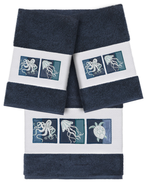 100 Turkish Cotton Ava 3Piece Embellished Towel Set, Midnight Blue