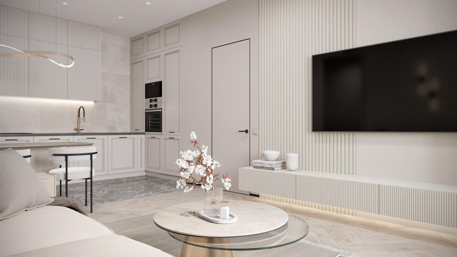 3к студия монохромный интерьер в стиле Современной классики