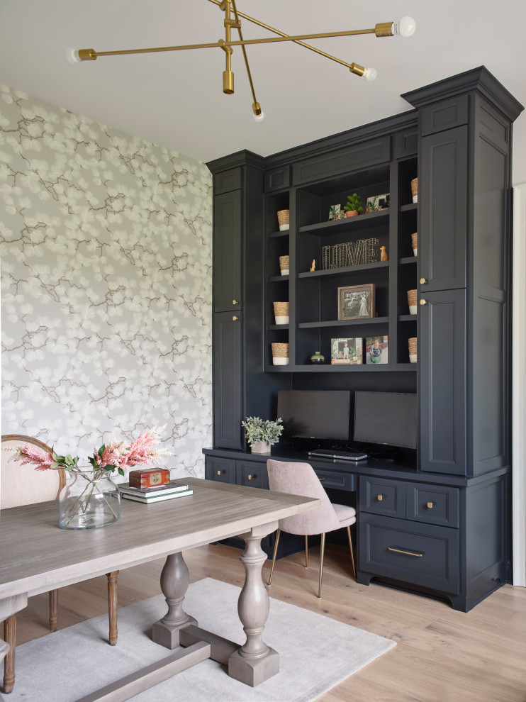 Inspiration for a large coastal wallpaper home office remodel in Other