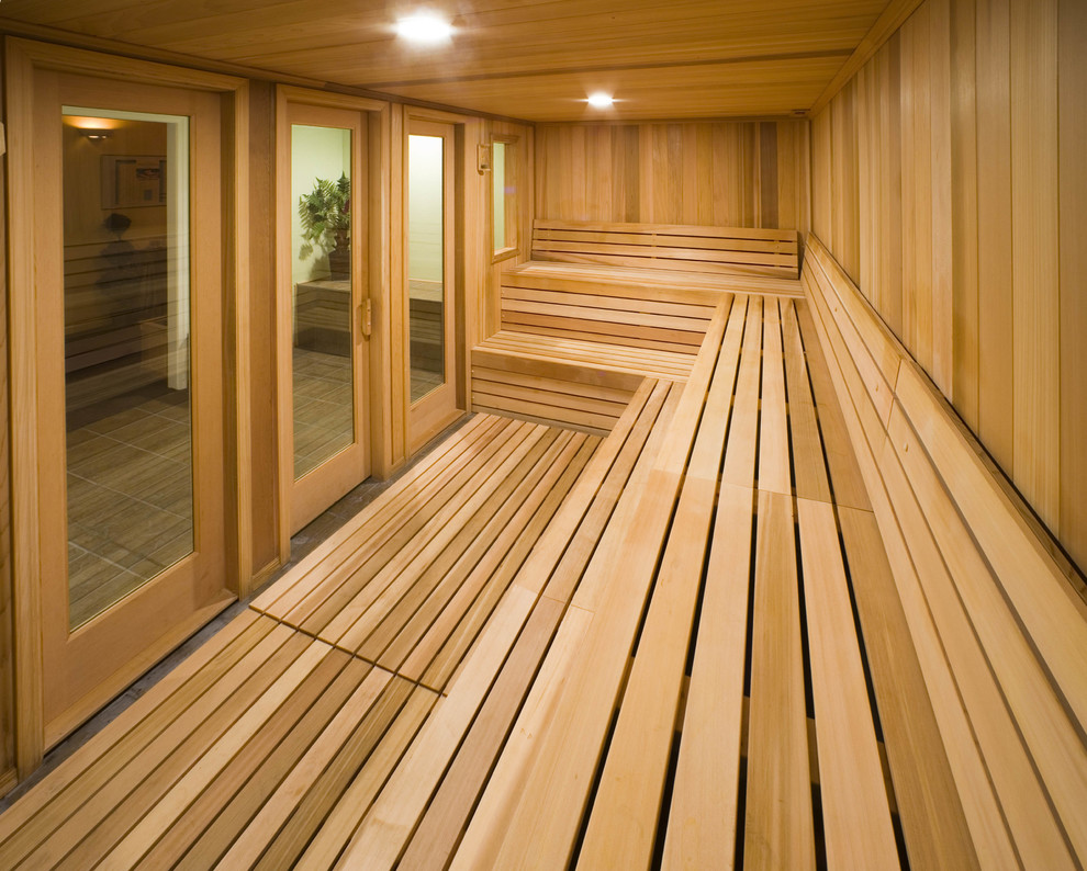 Mid-sized transitional bathroom in Philadelphia with beige walls, light hardwood floors, beige floor and with a sauna.