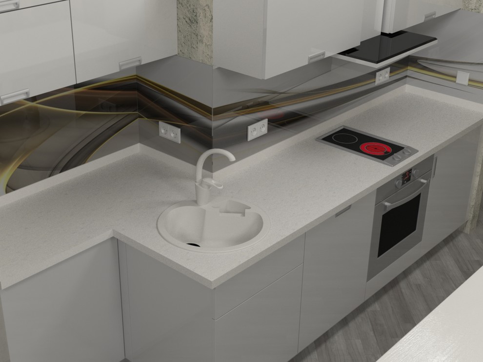 Белая акриловая кухня с барной стойкой из тамбурата