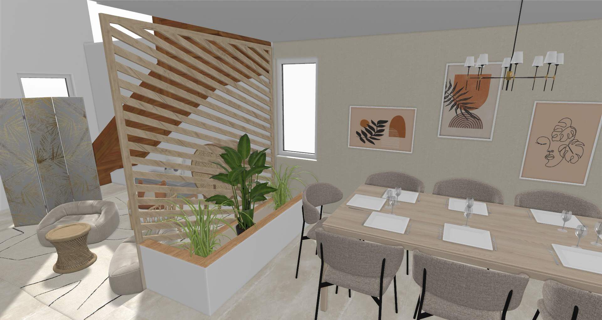 Vue 3D claustra, bac à plantes et meubles