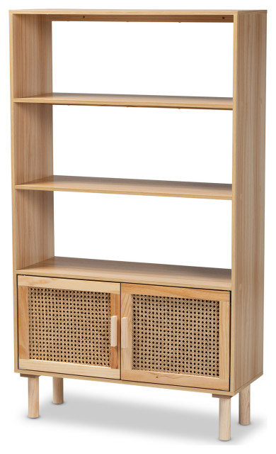 Faulkner Mid-Century Natural Brown Finished Wood and Rattan 2-Door Bookcase